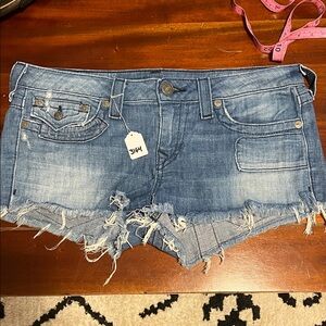 True Religion Blue Distressed Jean Shorts
